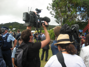 Waitangi 2013 - 3 News camera raised outside Te Tii Marae